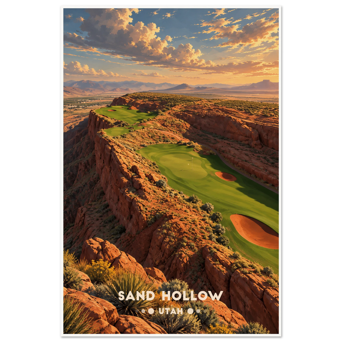 Clifftop golf fairway with bunkers on red sandstone cliffs above a desert valley at sunset near St. George, Utah