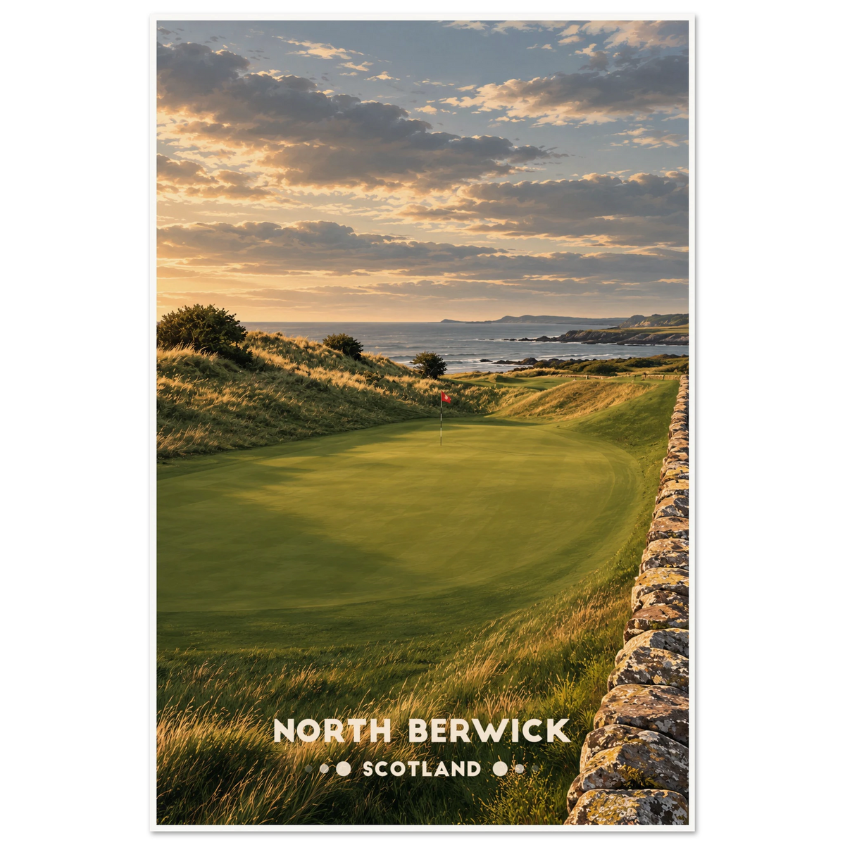 Links golf green beside a dry-stone wall and dunes above the sea at sunset in North Berwick, Scotland