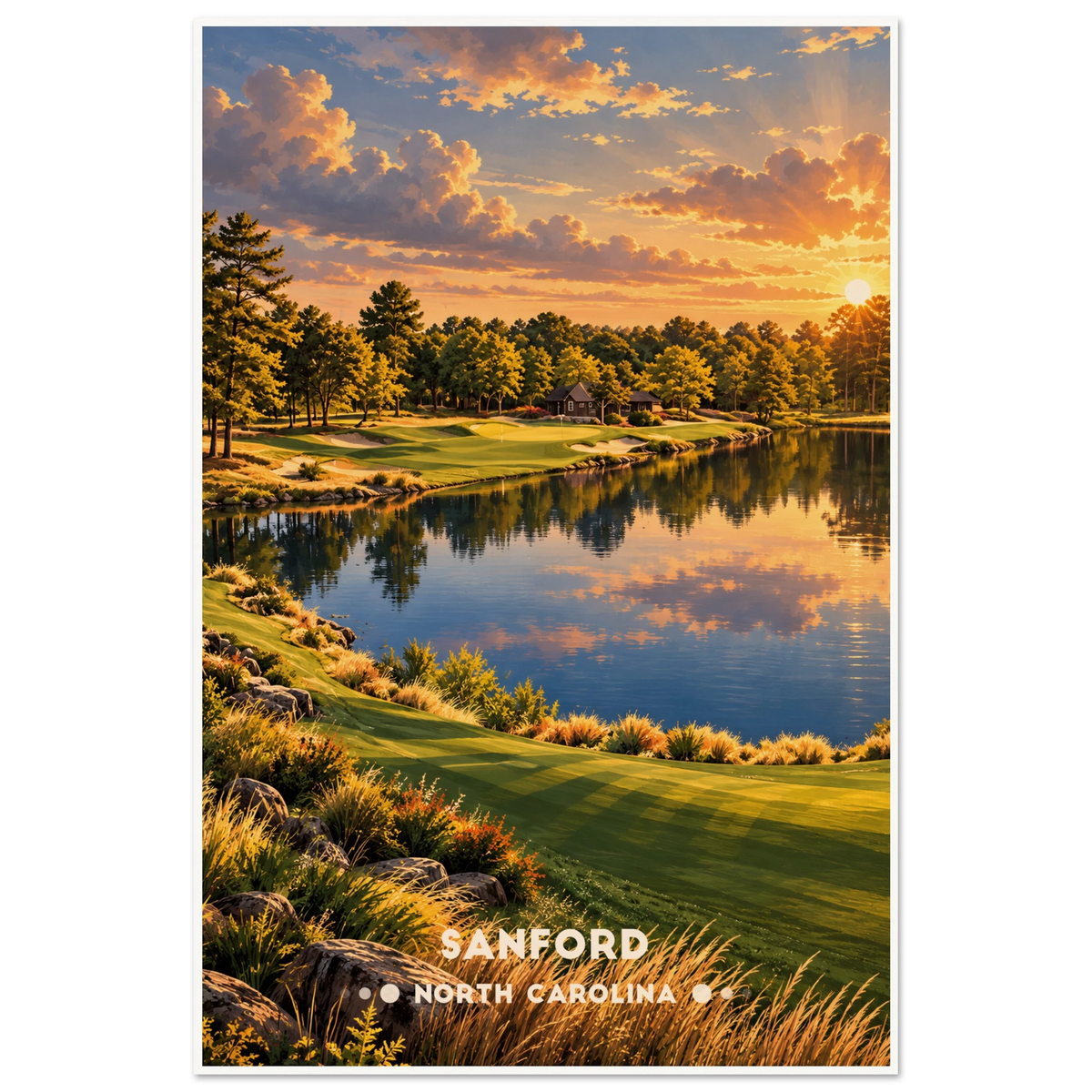 Rolling golf fairway through sandy hills, golden grasses and autumn pines at sunset in Sanford, North Carolina