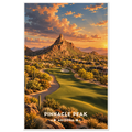 Desert golf fairways with white bunkers, saguaros and red rock buttes at golden hour near Pinnacle Peak, Arizona