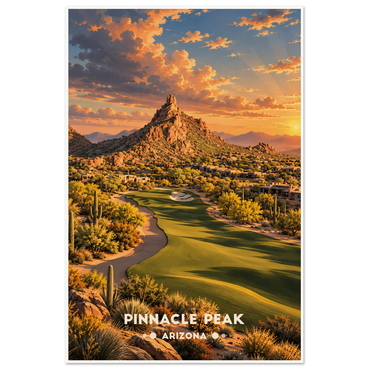 Desert golf fairways with white bunkers, saguaros and red rock buttes at golden hour near Pinnacle Peak, Arizona