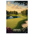 Painted golf green beside fountain pond with striped fairway and flowers in Endicott, New York