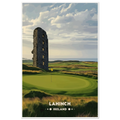 Links golf green with yellow flag beside a ruined stone tower above the Atlantic in Lahinch, Ireland