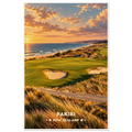 Painted aerial view of dune links fairways beside Pacific beach in New Zealand