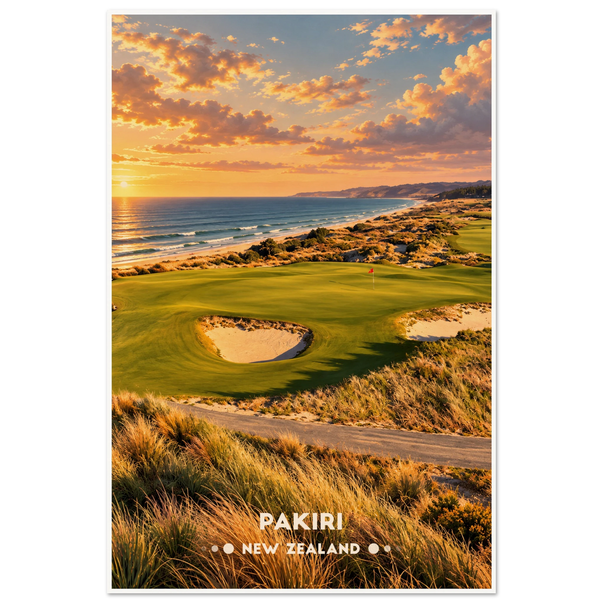 Painted aerial view of dune links fairways beside Pacific beach in New Zealand