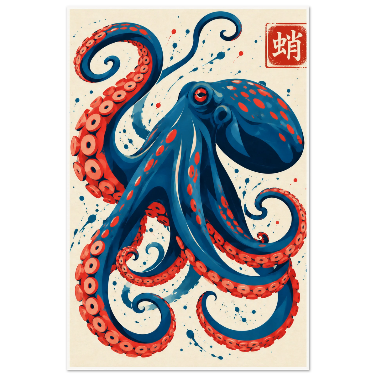 Japanese style blue octopus with red suckers, swirling tentacles, ink splatter and red seal