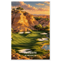 Desert canyon golf fairways with white bunkers between red sandstone cliffs in Mesquite, Nevada