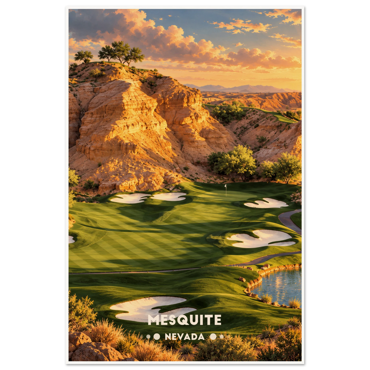 Desert canyon golf fairways with white bunkers between red sandstone cliffs in Mesquite, Nevada