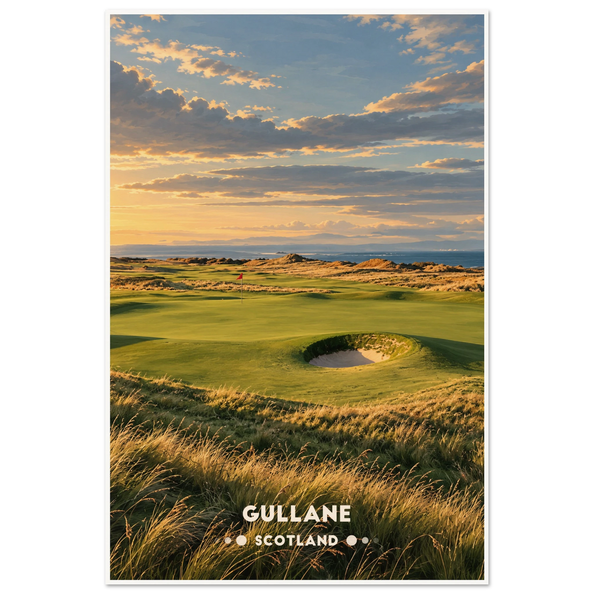 Links golf green behind a deep pot bunker above the Firth of Forth in East Lothian