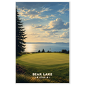 Hilltop golf green with flag overlooking shimmering Bear Lake and distant ridges in Utah