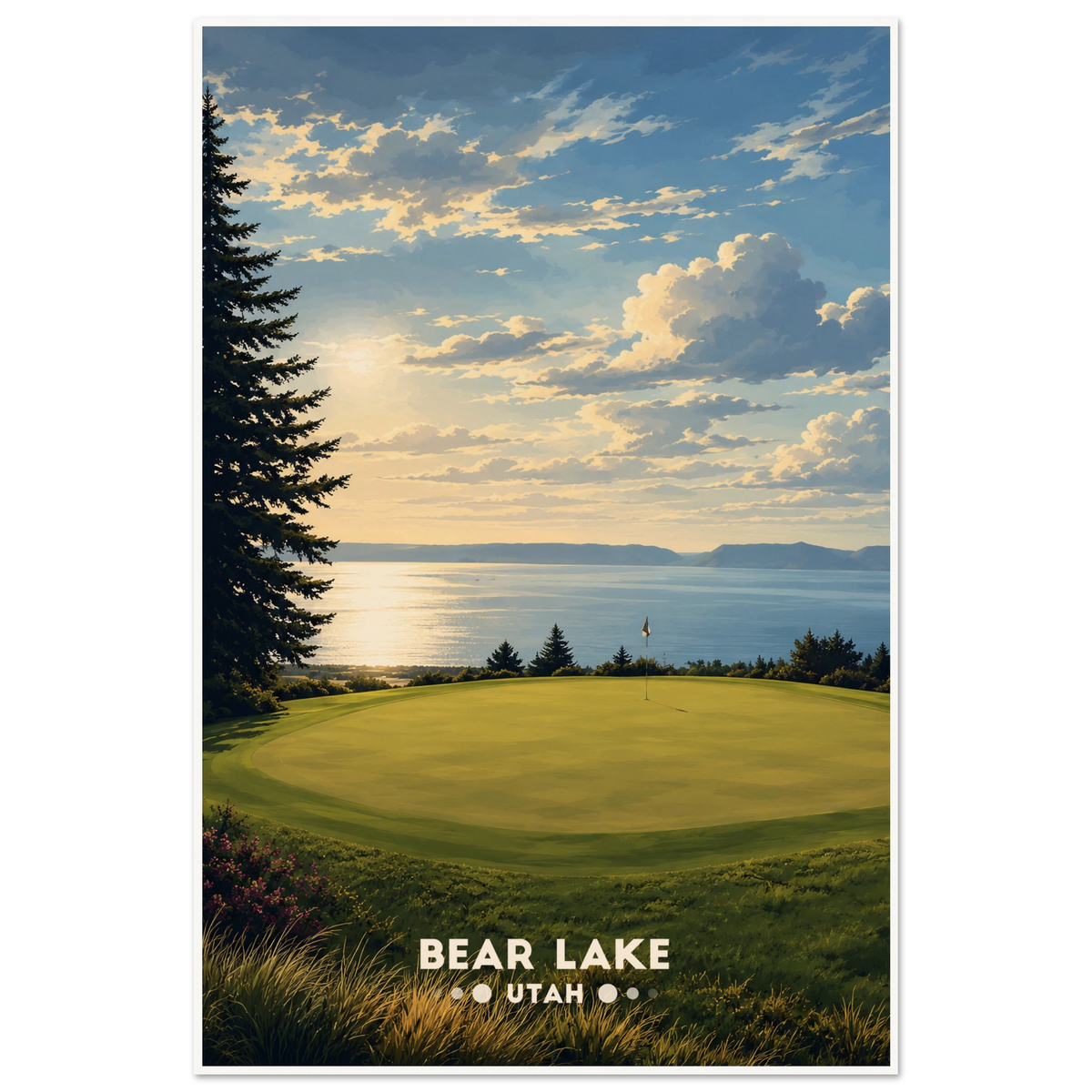 Hilltop golf green with flag overlooking shimmering Bear Lake and distant ridges in Utah