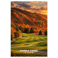 Striped golf fairway with white fence below autumn hillside at sunset in Hobble Creek, Utah
