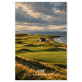 Painted Scottish links with red flag, pot bunker and stone cottage beside sea in Fife