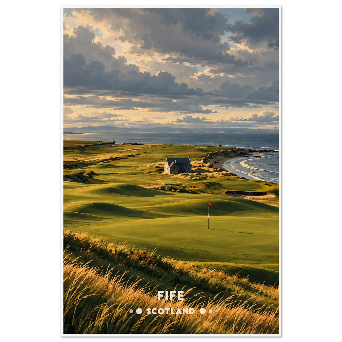 Painted Scottish links with red flag, pot bunker and stone cottage beside sea in Fife
