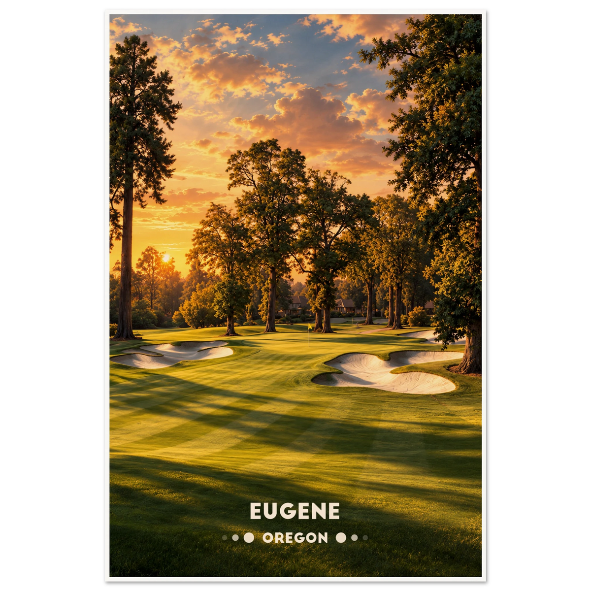 Striped golf green ringed by bunkers among towering Douglas firs on a sunny day in Eugene, Oregon