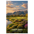 Golf green beside a lake with red hot pokers, wildflowers and mountains on South Africa’s Garden Route