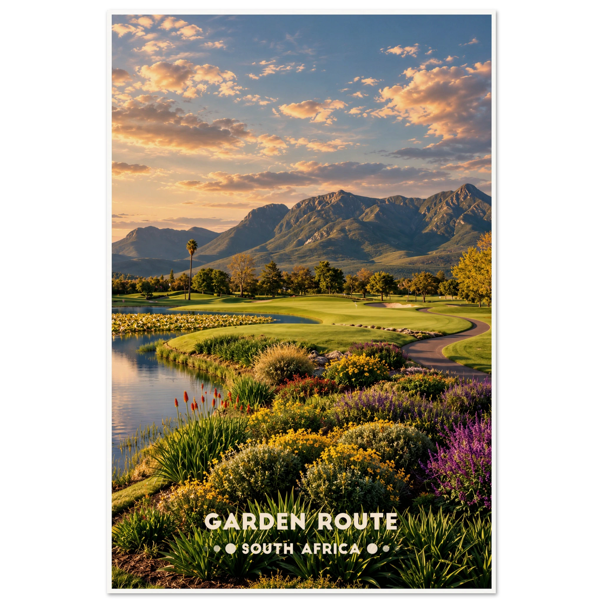 Golf green beside a lake with red hot pokers, wildflowers and mountains on South Africa’s Garden Route