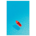 Minimalist aerial illustration of a small red boat floating on clear turquoise water with its shadow below