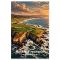 Clifftop golf green above a sandy cove, Monterey cypress and crashing Pacific surf on the Monterey Peninsula