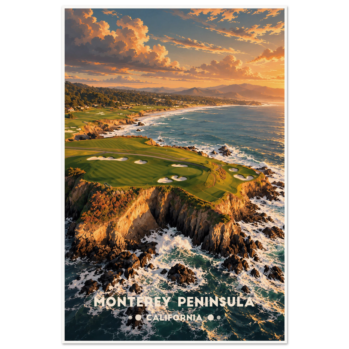 Clifftop golf green above a sandy cove, Monterey cypress and crashing Pacific surf on the Monterey Peninsula