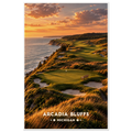 Clifftop golf green with bench and bunkers above Lake Michigan at sunset near Arcadia, Michigan
