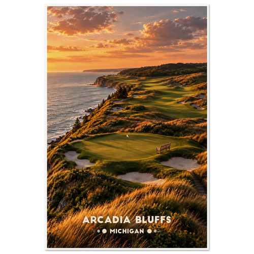 Clifftop golf green with bench and bunkers above Lake Michigan at sunset near Arcadia, Michigan