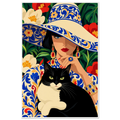 Illustrated woman in blue majolica sun hat holding a black-and-white cat among red and cream flowers