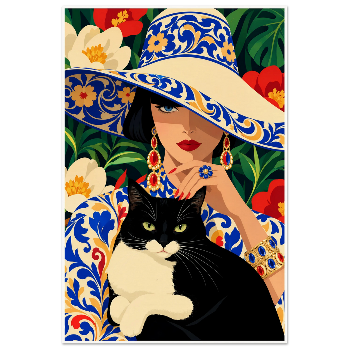 Illustrated woman in blue majolica sun hat holding a black-and-white cat among red and cream flowers