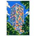 Tall tower block with multicoloured windows in blue, orange, pink and green against a blue sky with leafy trees