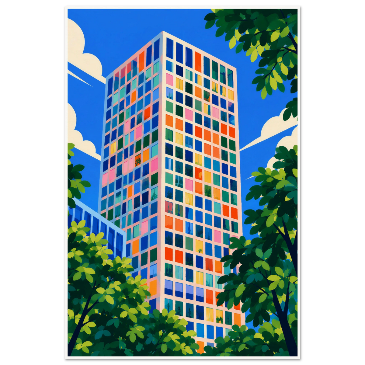 Tall tower block with multicoloured windows in blue, orange, pink and green against a blue sky with leafy trees