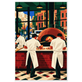 Illustrated pizza makers in white aprons at a brick counter beside a glowing wood-fired oven, city street outside