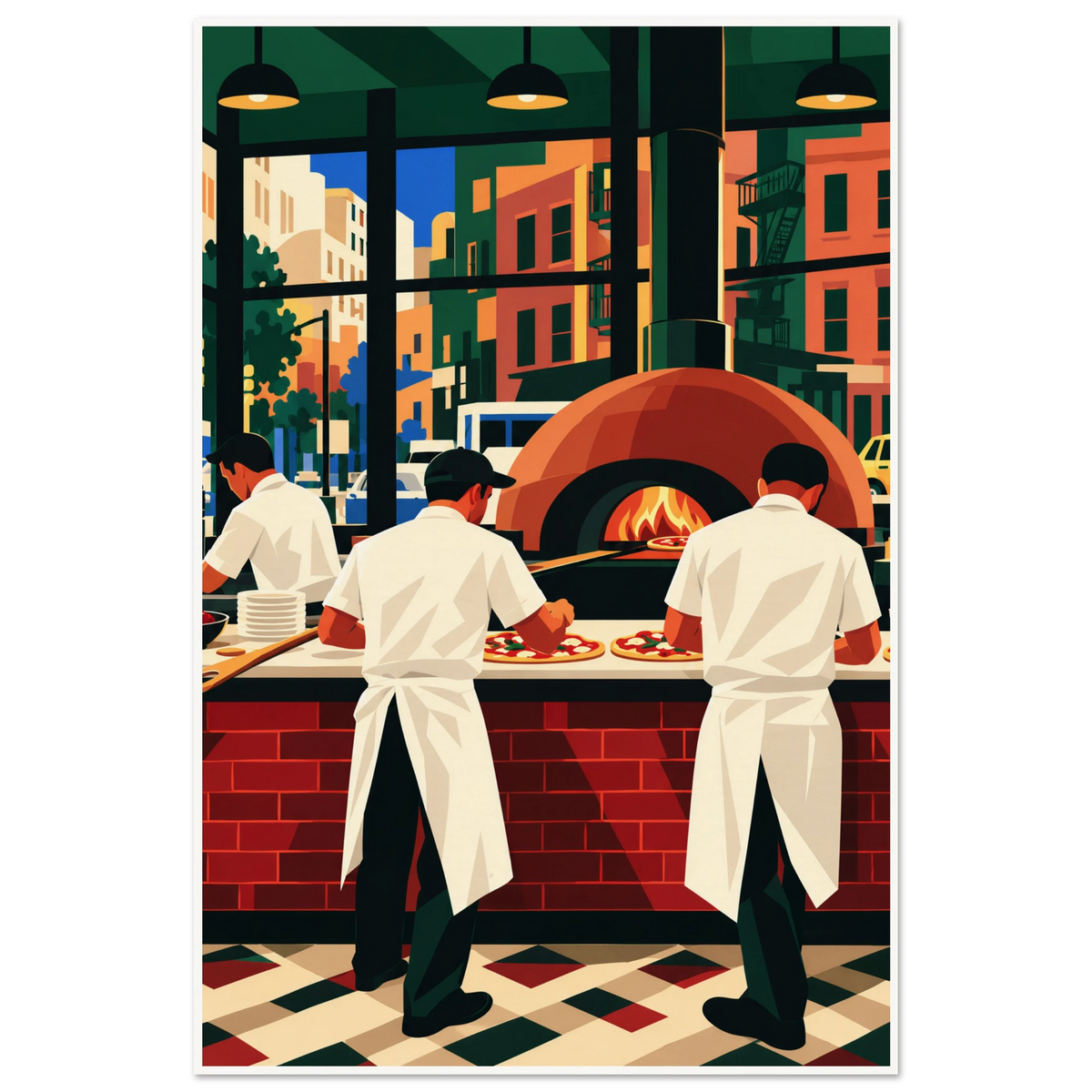 Illustrated pizza makers in white aprons at a brick counter beside a glowing wood-fired oven, city street outside