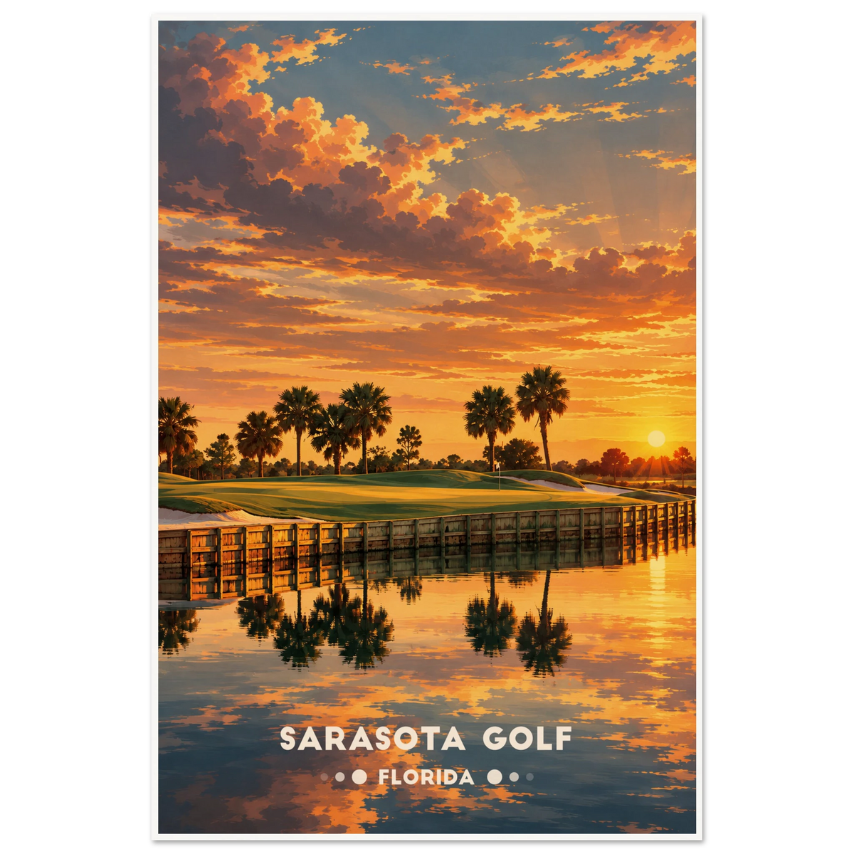 Golf green with stone retaining wall and white bunkers beside a palm-lined pond in Sarasota, Florida