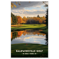 Golf green with red flag beside a still pond mirroring autumn maples and pines in Baldwinsville, New York