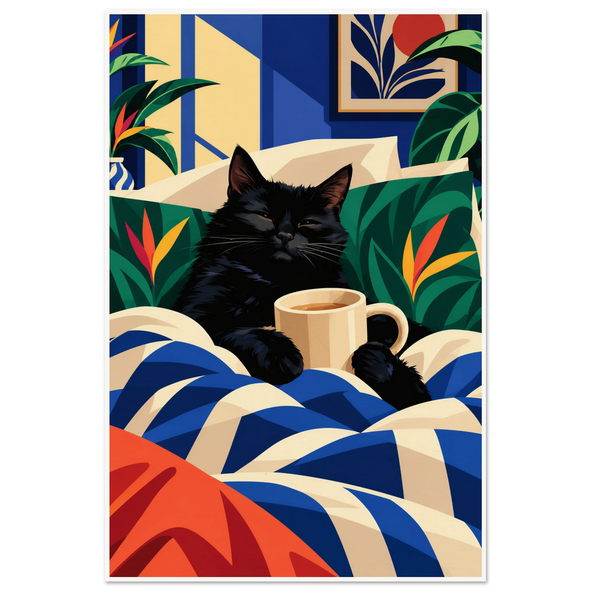 Sleepy black cat in bed holding a mug of coffee among tropical pillows and a blue striped duvet