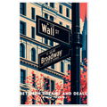 Retro New York poster of Wall Street and Broadway street signs with autumn leaves