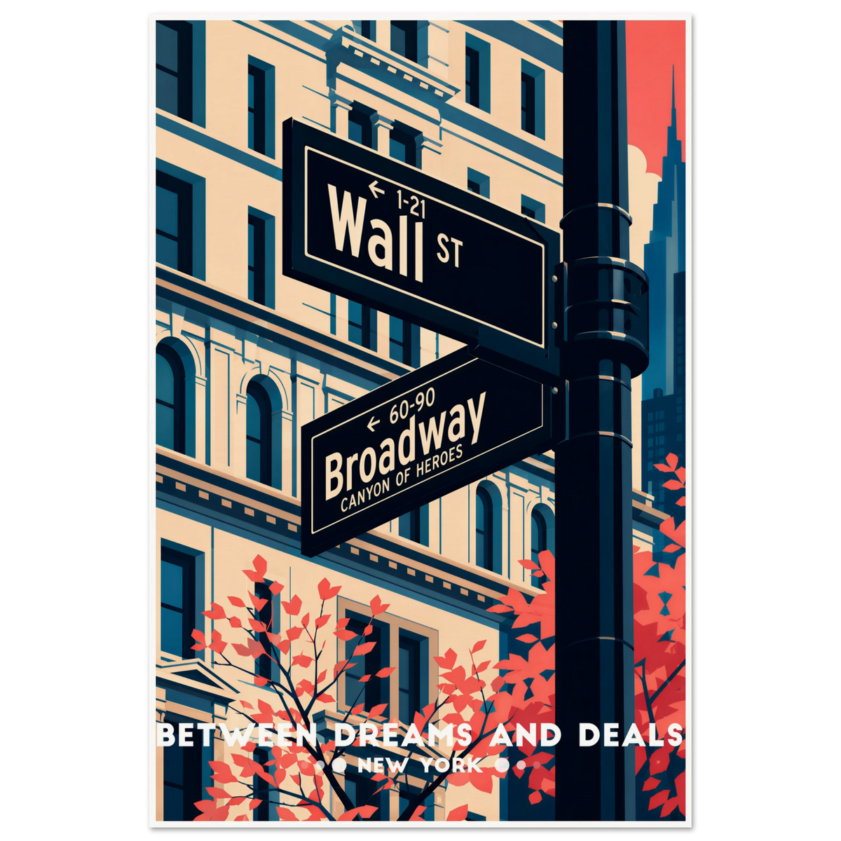 Retro New York poster of Wall Street and Broadway street signs with autumn leaves