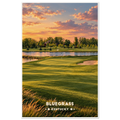 Golf green with bunker and flag beside a calm pond at sunset in Kentucky’s Bluegrass region