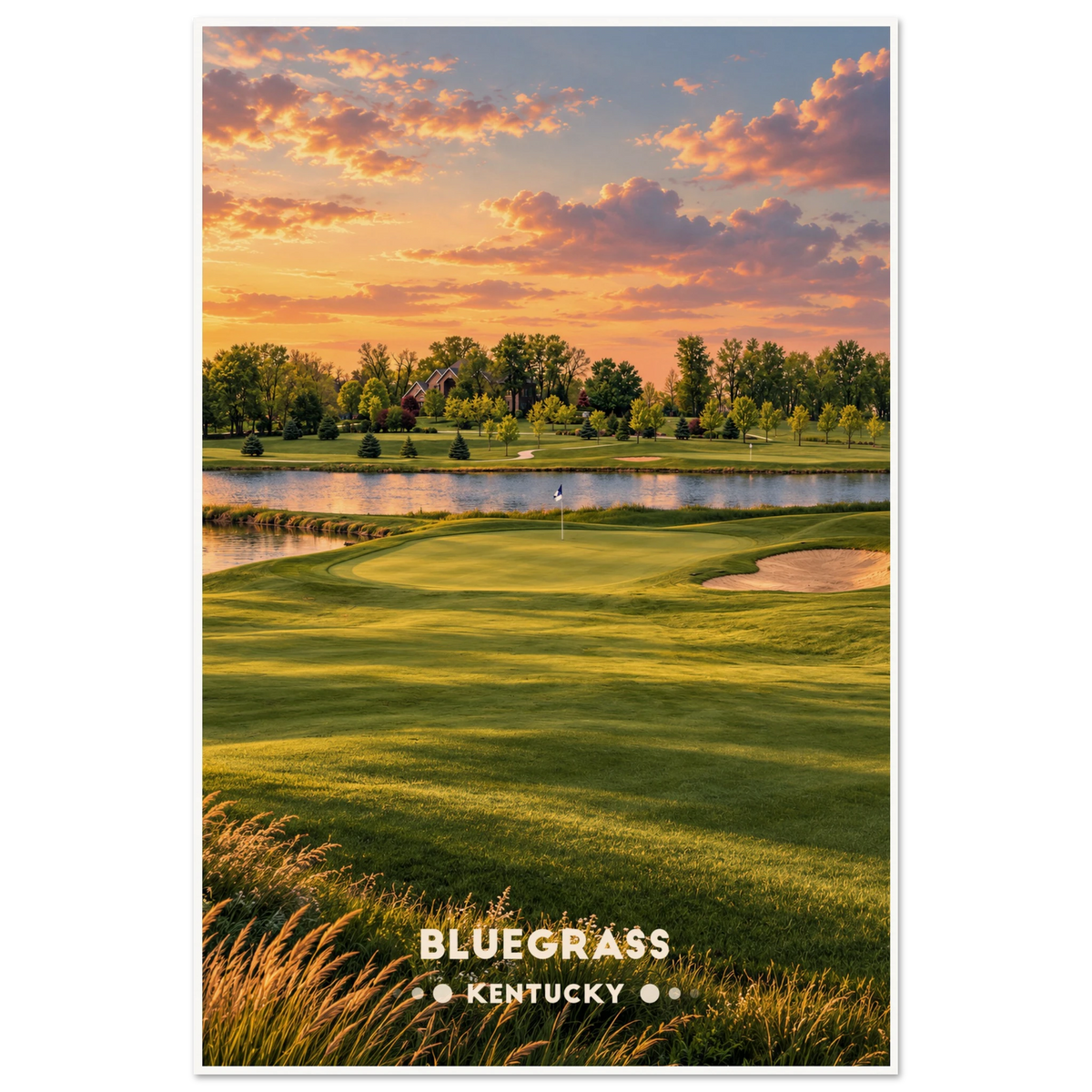 Golf green with bunker and flag beside a calm pond at sunset in Kentucky’s Bluegrass region