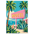 Retro illustration of a pink motel sign among palm trees and agaves beside a turquoise bay with a sailboat