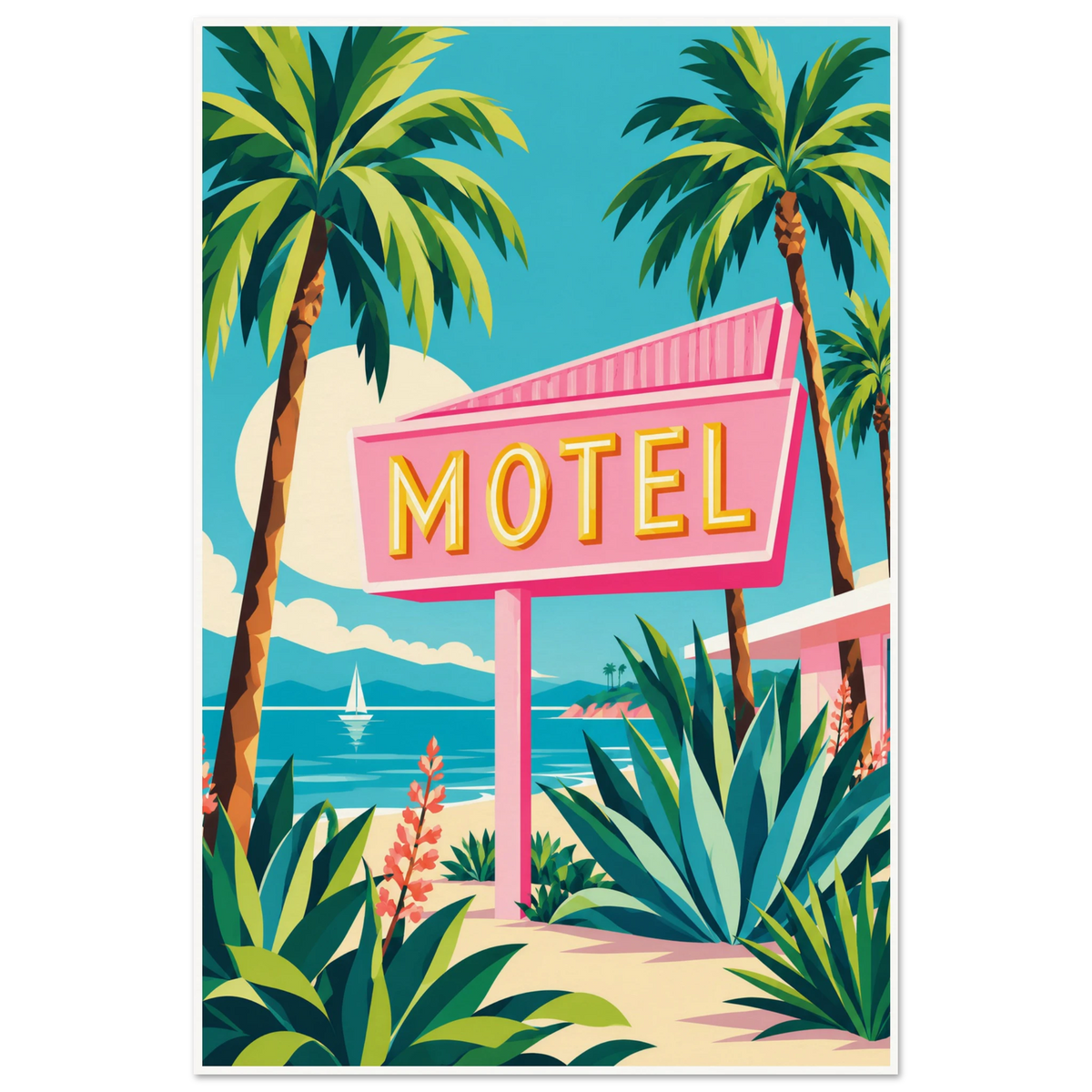 Retro illustration of a pink motel sign among palm trees and agaves beside a turquoise bay with a sailboat