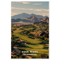 Desert golf fairways with bunkers, saguaros and rocky outcrops below Arizona’s Four Peaks at golden hour