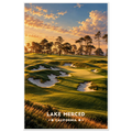 Golf greens with jagged bunkers and cypress trees above the Pacific at sunset near Lake Merced, California