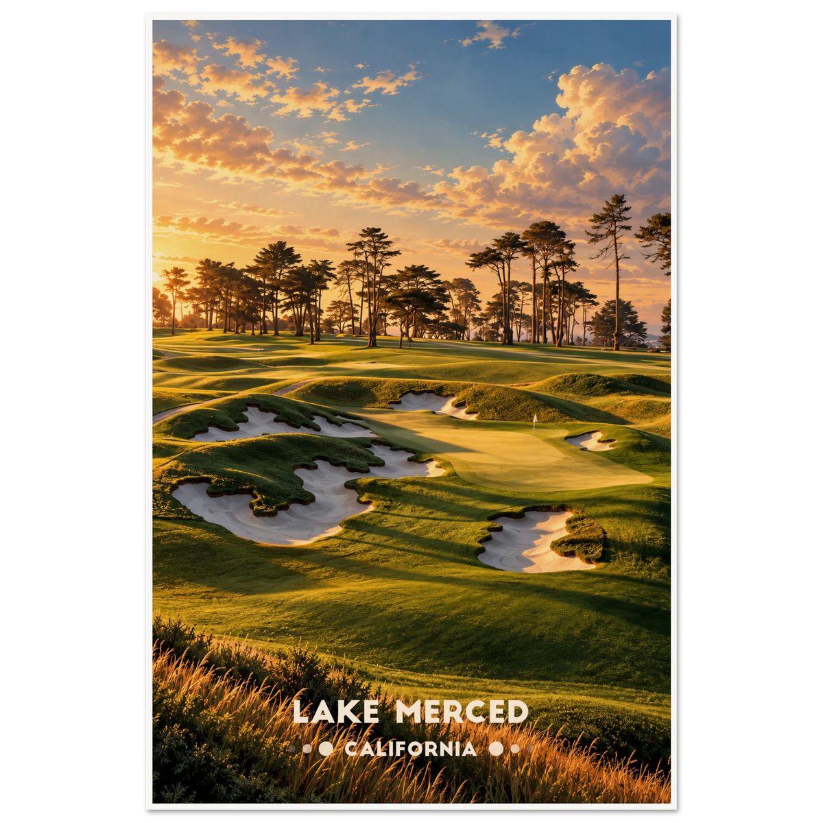 Golf greens with jagged bunkers and cypress trees above the Pacific at sunset near Lake Merced, California