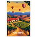 Hot air balloons over vineyard rows and a terracotta-roofed estate at sunrise in Napa Valley, California