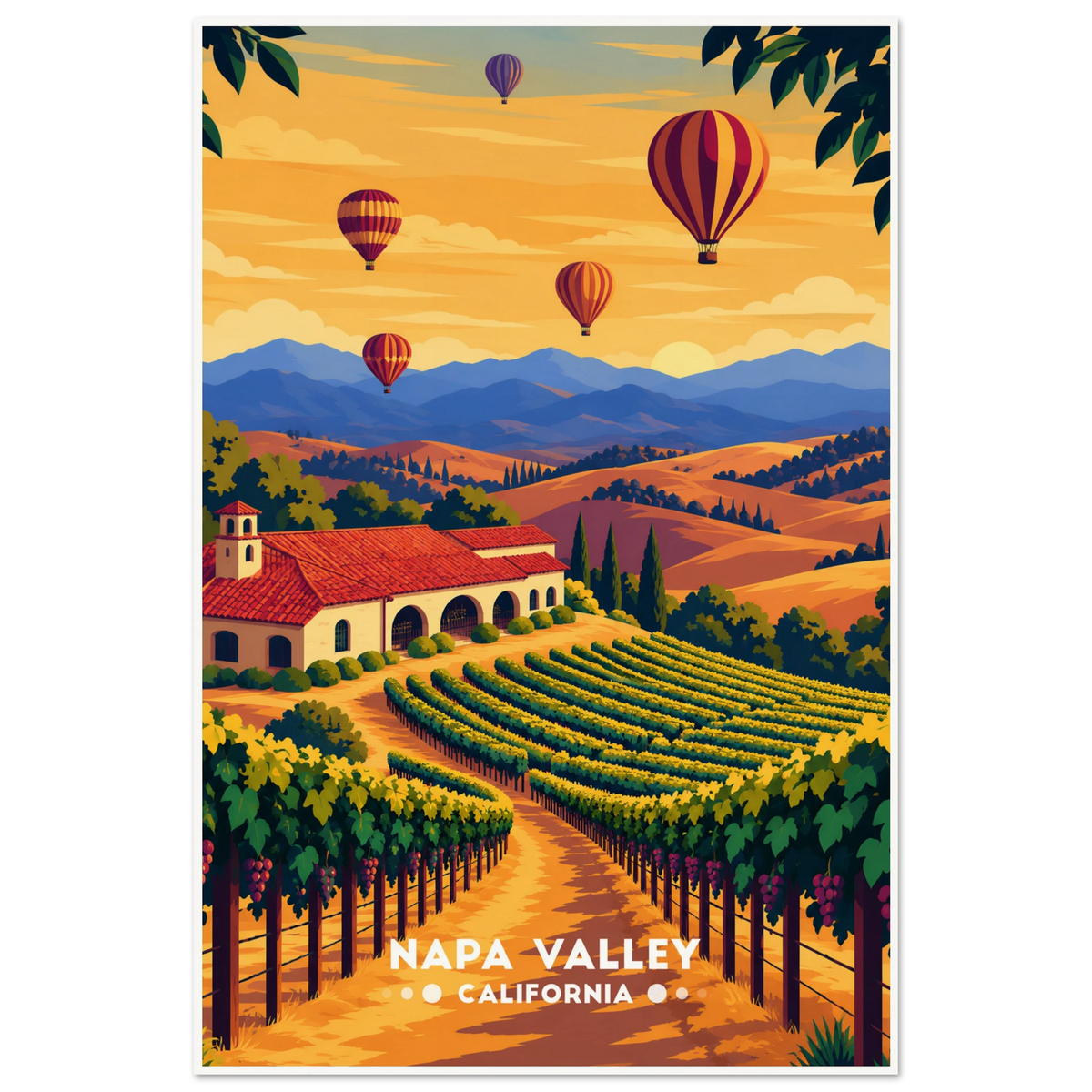 Hot air balloons over vineyard rows and a terracotta-roofed estate at sunrise in Napa Valley, California