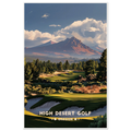 Golf green with bunkers among ponderosa pines and lava rock below Cascade peaks in Oregon’s high desert