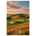 Golf green with sand bunkers among rolling wheat hills at sunset in the Palouse, Washington