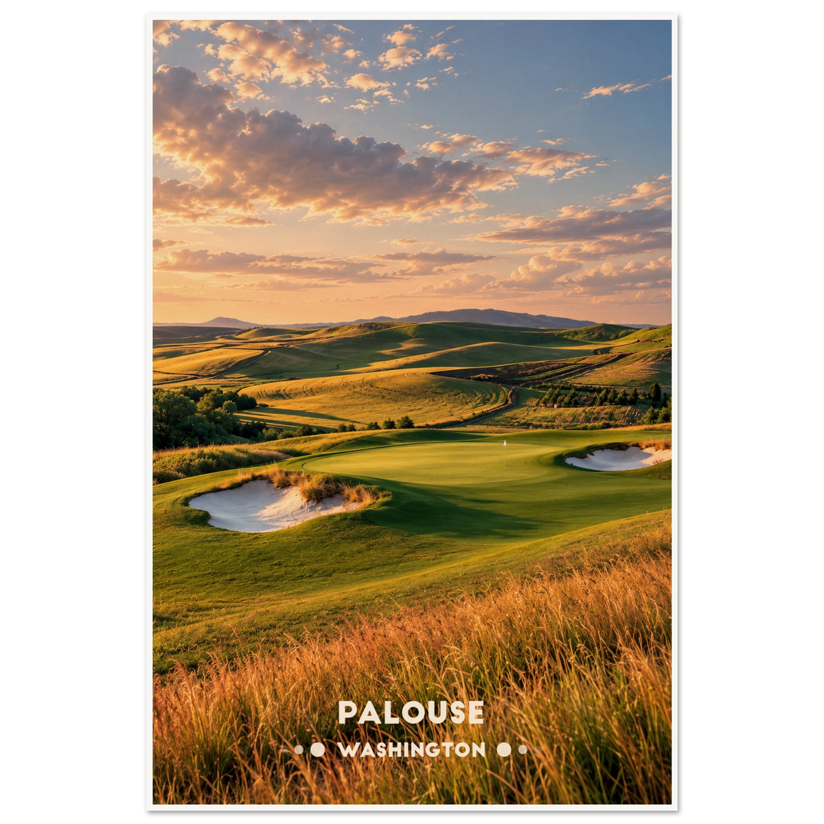 Golf green with sand bunkers among rolling wheat hills at sunset in the Palouse, Washington