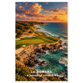 Clifftop golf green with bunkers and palms above turquoise Caribbean surf in La Romana, Dominican Republic